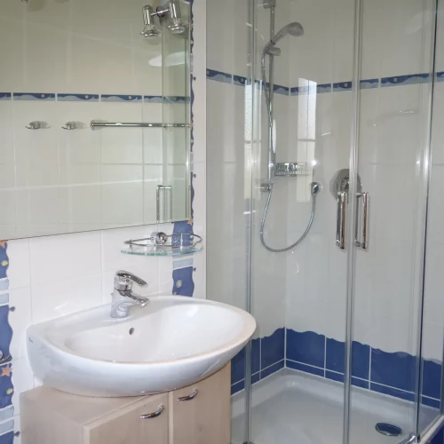 Badezimmer im Ferienhaus Am Deich 25 in Zingst mit Dusche, Waschbecken, Spiegel und hellen Fliesen.