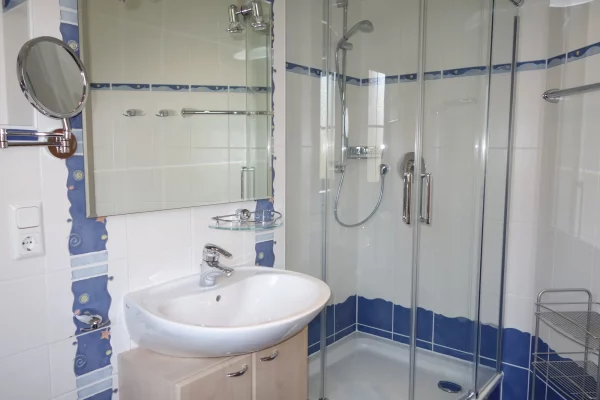 Badezimmer im Ferienhaus Am Deich 25 in Zingst mit Dusche, Waschbecken, Spiegel und hellen Fliesen.